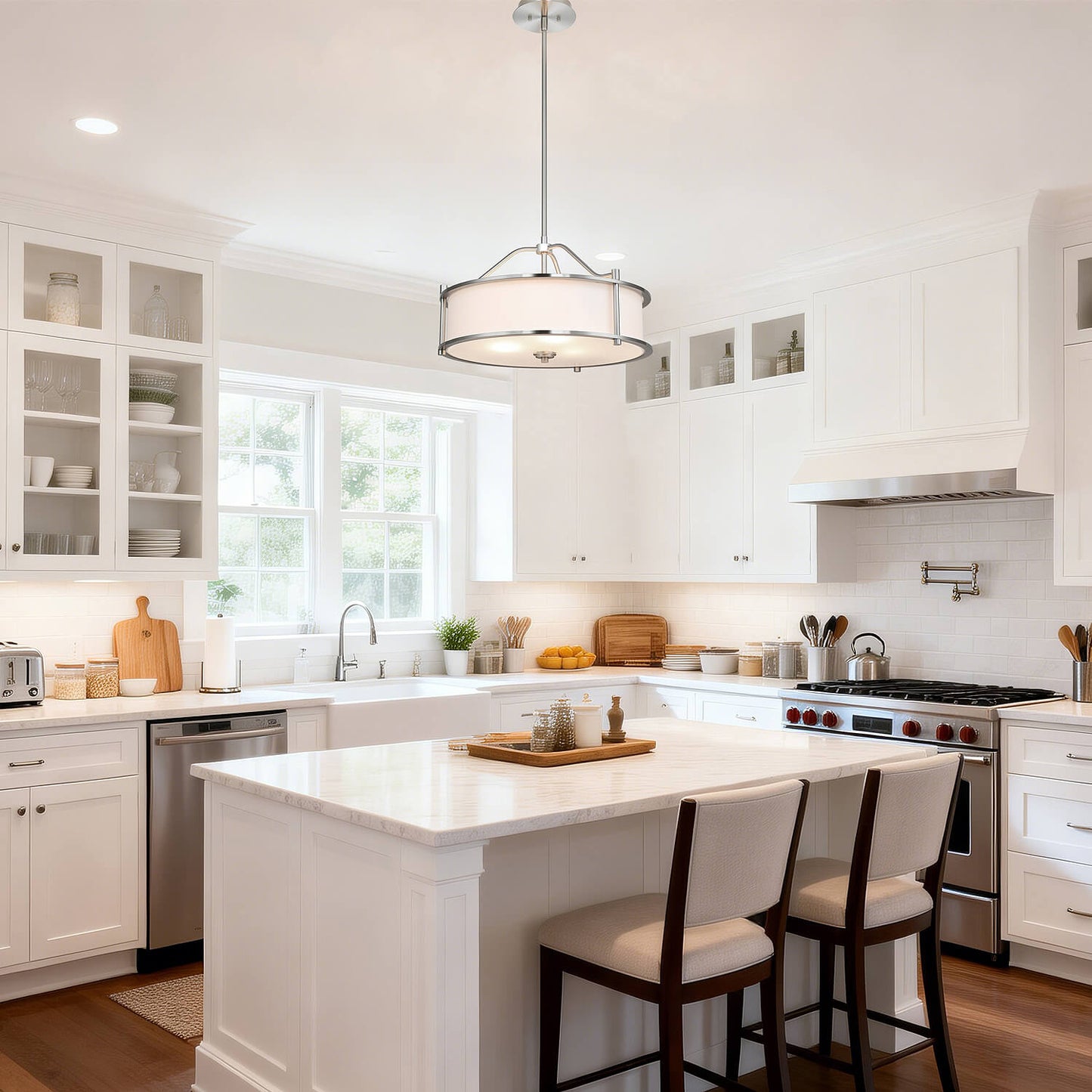 Drum Pendant Light, 18 inch, 3 Light with Fabric Shade, Glass Diffuser, Brushed Nickel XB-P1199-BN