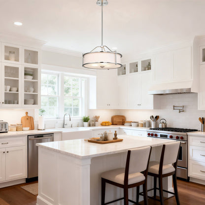 Drum Pendant Light, 18 inch, 3 Light with Fabric Shade, Glass Diffuser, Brushed Nickel XB-P1199-BN