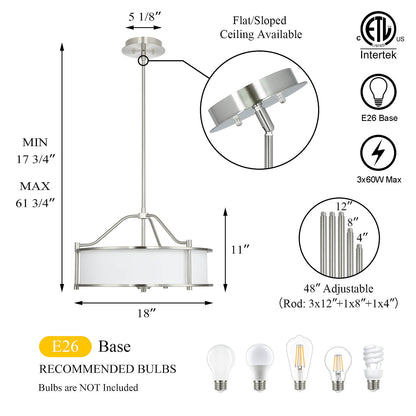 Drum Pendant Light, 18 inch, 3 Light with Fabric Shade, Glass Diffuser, Brushed Nickel XB-P1199-BN
