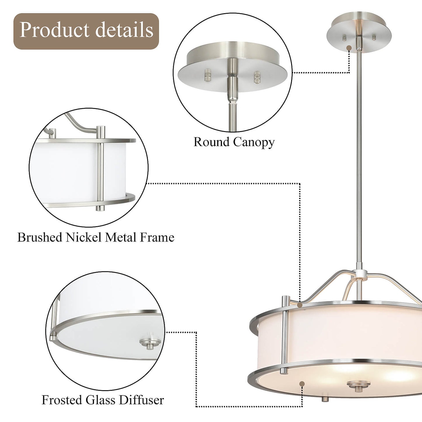Drum Pendant Light, 18 inch, 3 Light with Fabric Shade, Glass Diffuser, Brushed Nickel XB-P1199-BN