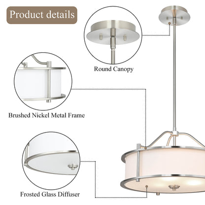 Drum Pendant Light, 18 inch, 3 Light with Fabric Shade, Glass Diffuser, Brushed Nickel XB-P1199-BN