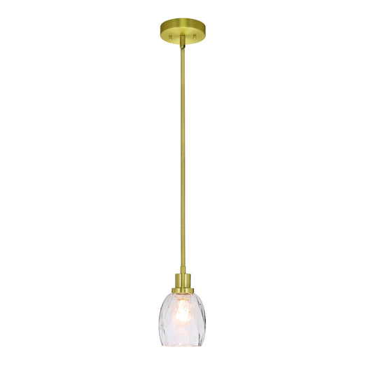 Modern Glass Pendant Light, Clear Textured Shade, Brass Rod Fixture, Single Hanging Lamp XB-P1210-SB