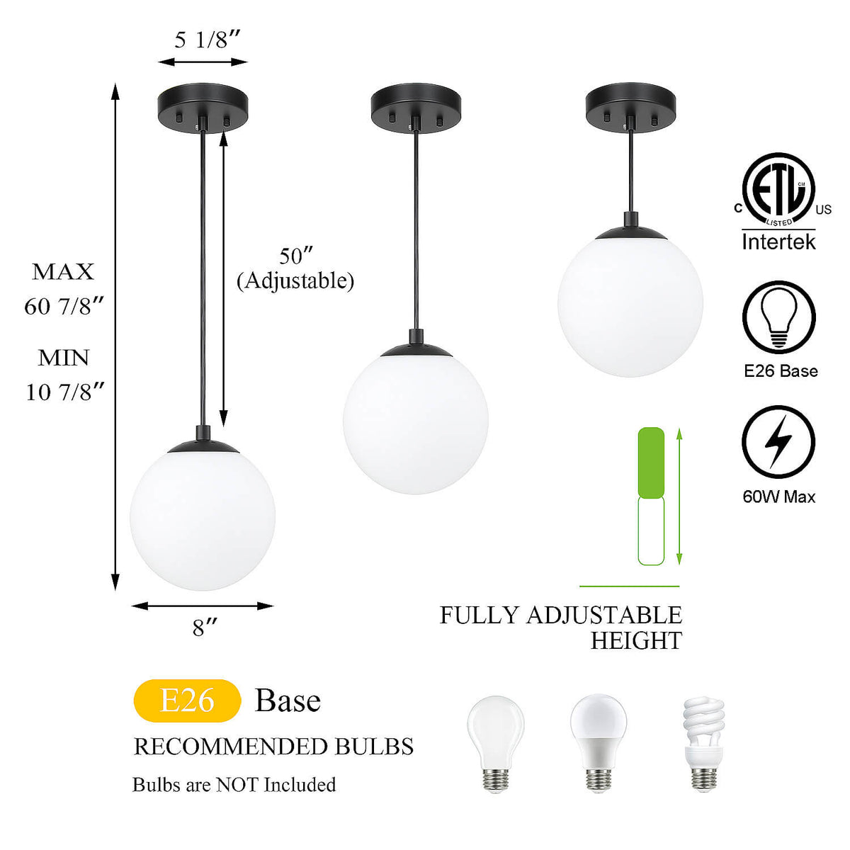 Modern Adjustable Globe Pendant Light in Matte Black Finish XB-P1211-MBK