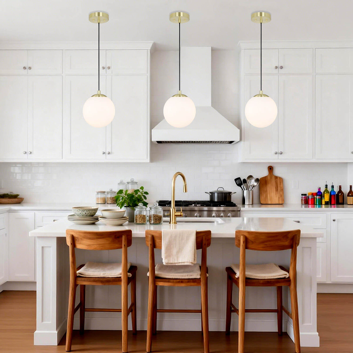 Modern Globe Pendant Light, Kitchen Hanging Ceiling Light, Satin Brass Finish, Adjustable Height XB-P1211-SB