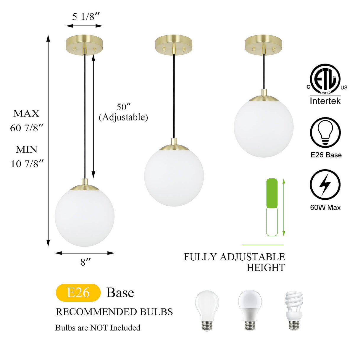 Modern Globe Pendant Light, Kitchen Hanging Ceiling Light, Satin Brass Finish, Adjustable Height XB-P1211-SB