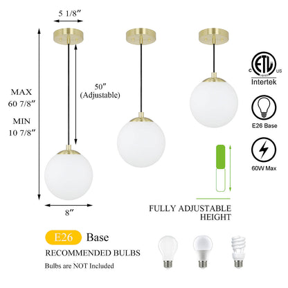 Modern Globe Pendant Light, Kitchen Hanging Ceiling Light, Satin Brass Finish, Adjustable Height XB-P1211-SB