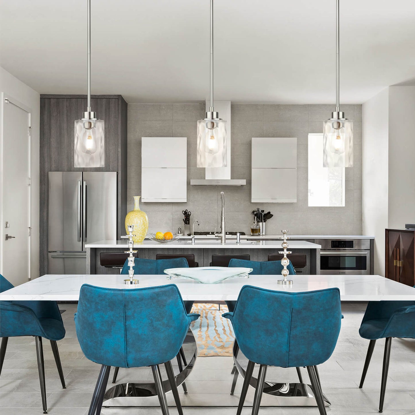 Modern Mini Pendant Light with Clear Hammered Glass Shade, Brushed Nickel XB-P1227-BN
