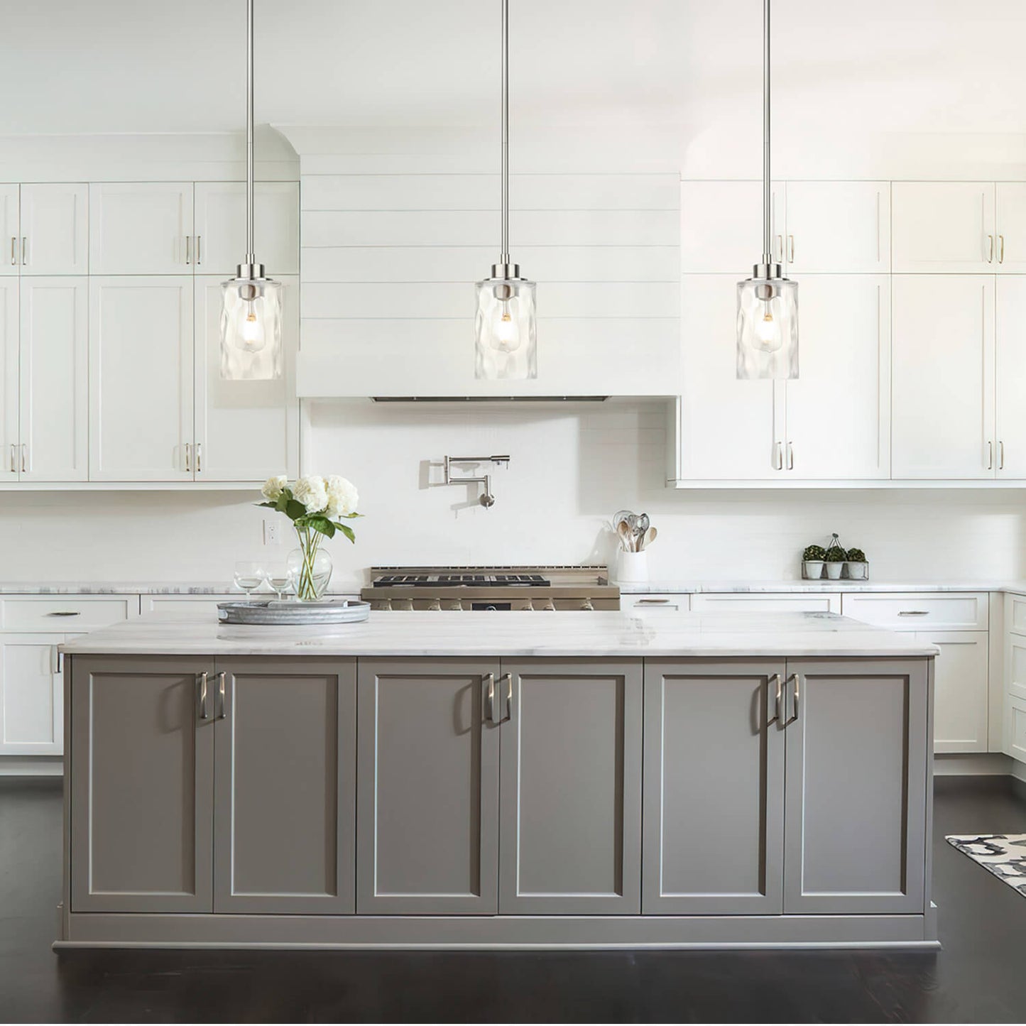 Modern Mini Pendant Light with Clear Hammered Glass Shade, Brushed Nickel XB-P1227-BN