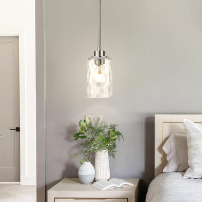 Modern Mini Pendant Light with Clear Hammered Glass Shade, Brushed Nickel XB-P1227-BN