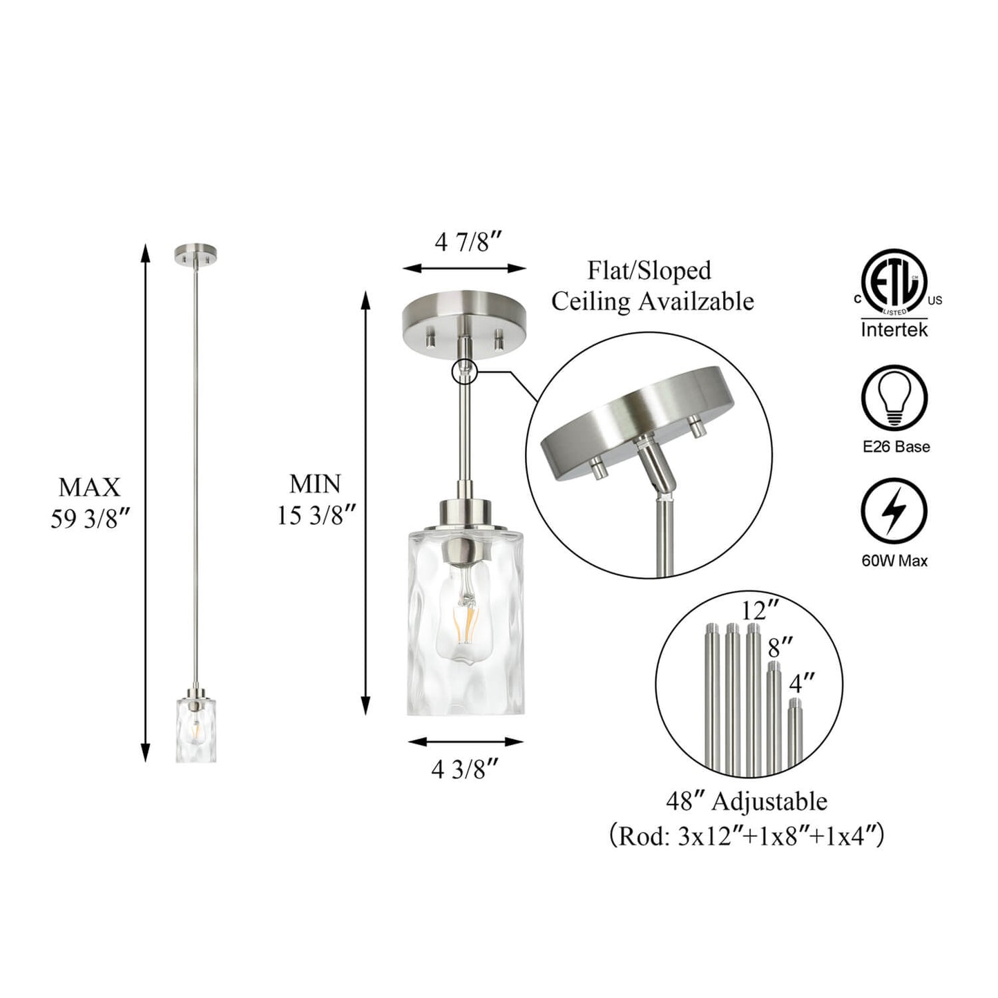 Modern Mini Pendant Light with Clear Hammered Glass Shade, Brushed Nickel XB-P1227-BN