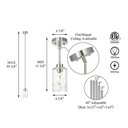 Modern Mini Pendant Light with Clear Hammered Glass Shade, Brushed Nickel XB-P1227-BN