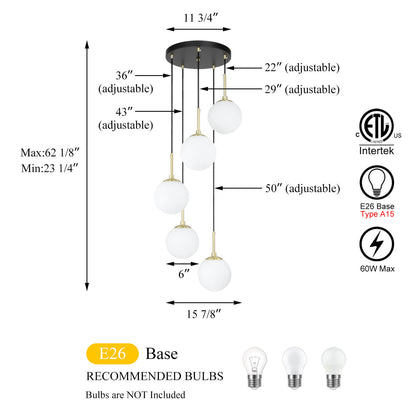 Modern 5-Light Black Brass Globe Cluster Pendant Light XB-P1304-5-MB