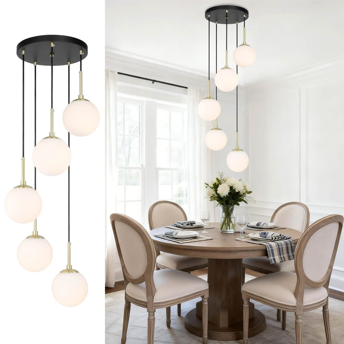 Modern 5-Light Black Brass Globe Cluster Pendant Light XB-P1304-5-MB