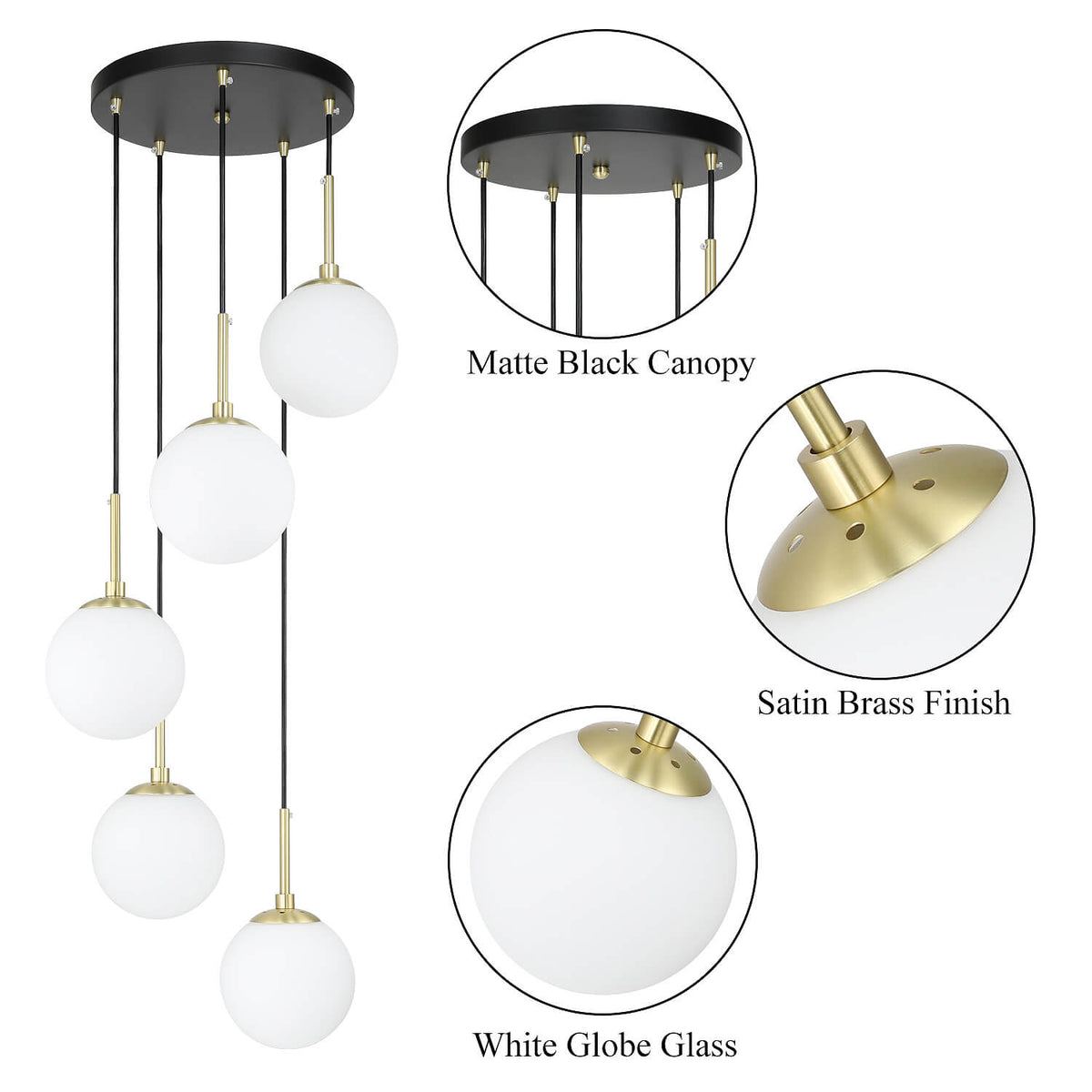 Modern 5-Light Black Brass Globe Cluster Pendant Light XB-P1304-5-MB
