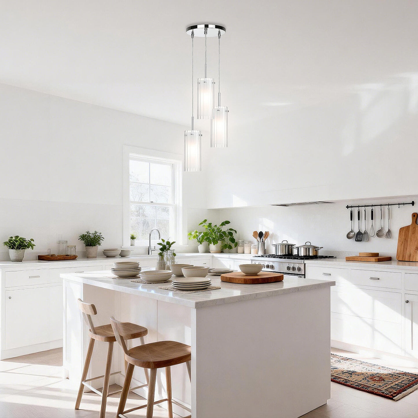 Modern 3-Light Chrome Pendant Lights with Dual Glass for Kitchen Island XB-P482-3-CH