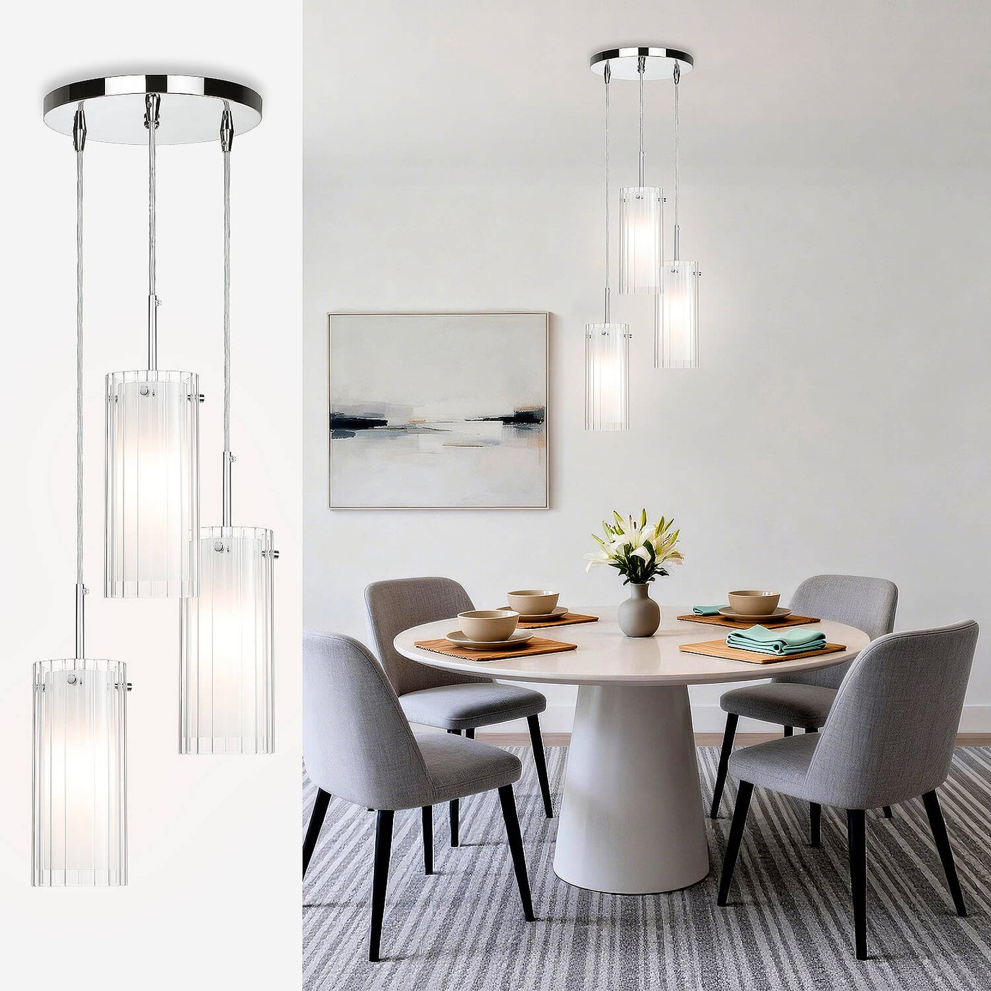 Modern 3-Light Chrome Pendant Lights with Dual Glass for Kitchen Island XB-P482-3-CH