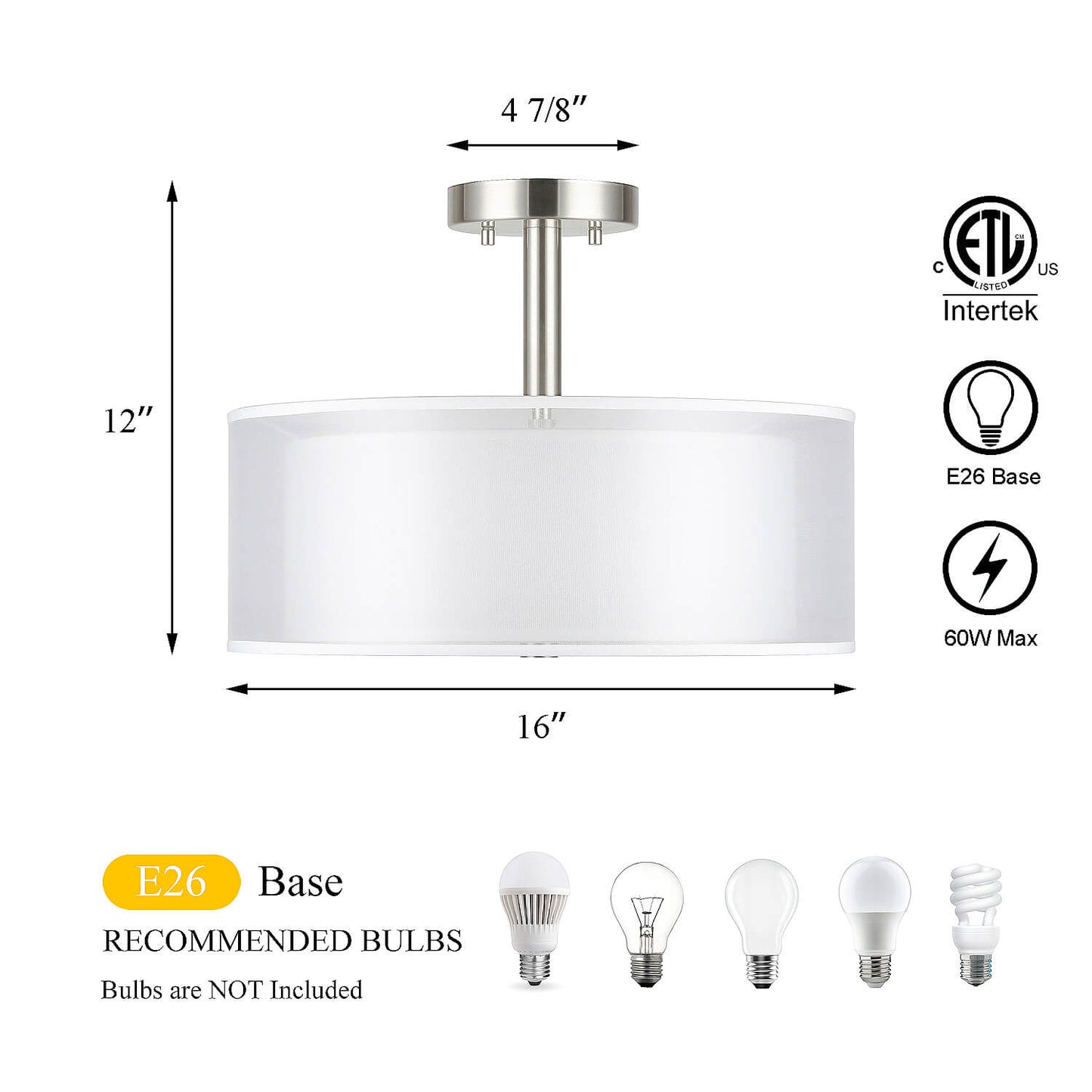 16 inch Brushed Nickel Drum Ceiling Light for Living Room & Bedroom XB-SF1194-BN