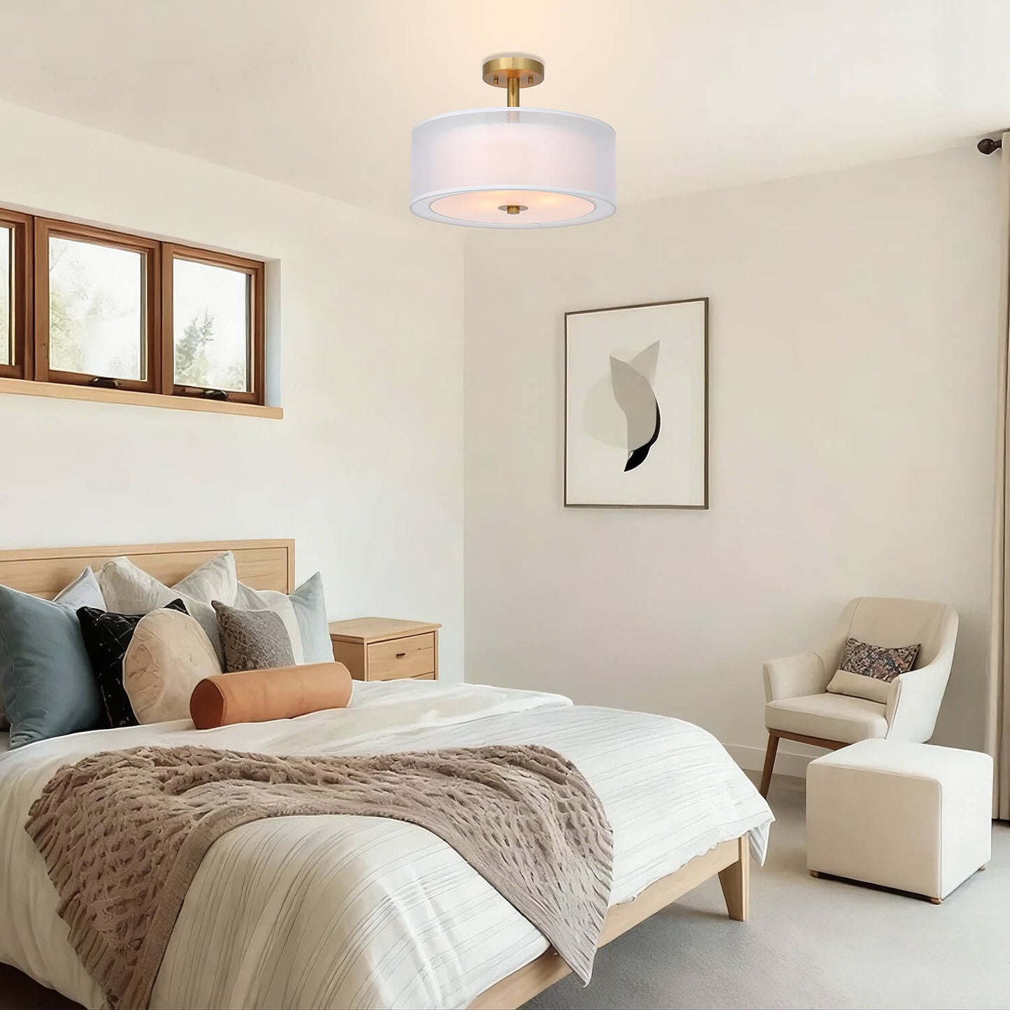 16" Drum Semi Flush Mount Ceiling Light Fixture for Bedroom Living Room XB-SF1194-BS