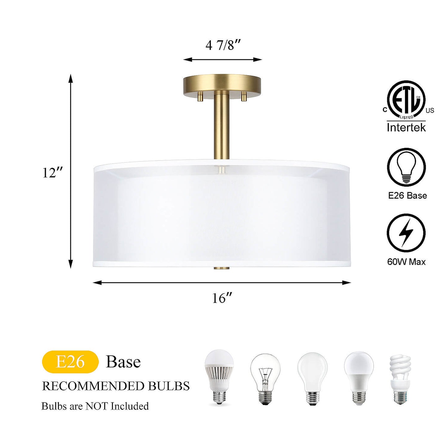 16" Drum Semi Flush Mount Ceiling Light Fixture for Bedroom Living Room XB-SF1194-BS