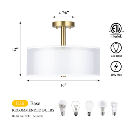 16" Drum Semi Flush Mount Ceiling Light Fixture for Bedroom Living Room XB-SF1194-BS