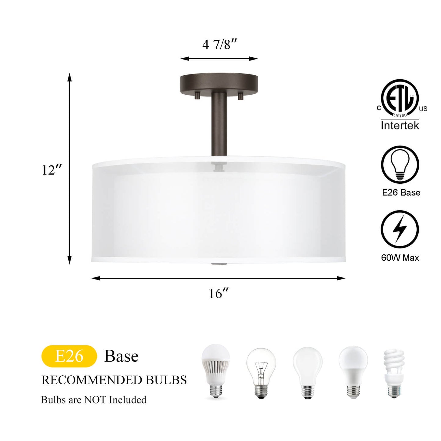 16 inch Semi Flush Mount Ceiling Light with Fabric Shade in Dark Bronze XB-SF1194-DB