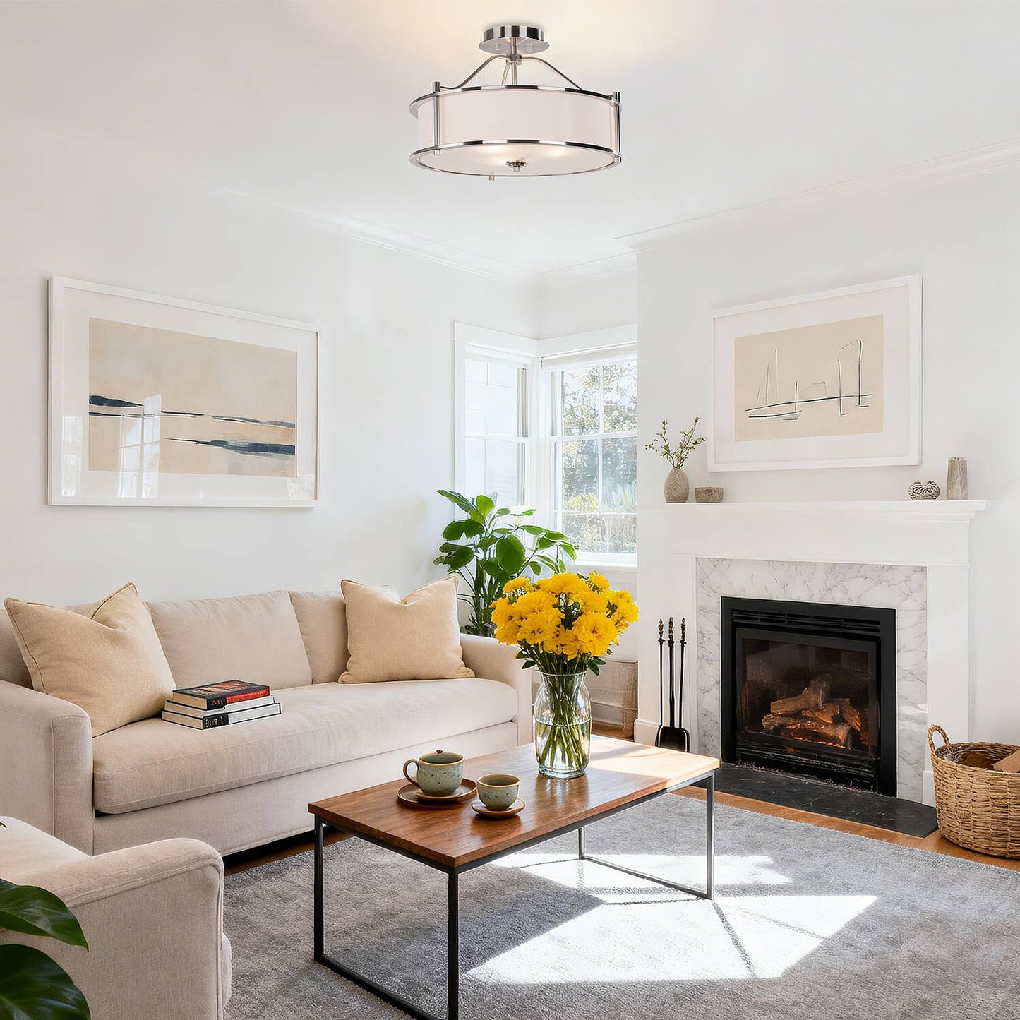 18 inch Modern Semi-Flush Mount Ceiling Light, Brushed Nickel, White Drum Shade XB-SF1199-BN