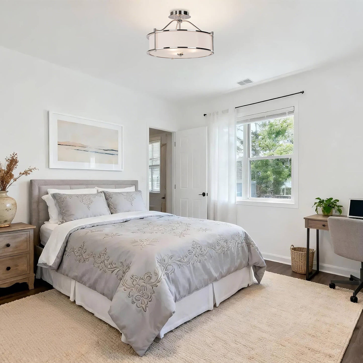 18 inch Modern Semi-Flush Mount Ceiling Light, Brushed Nickel, White Drum Shade XB-SF1199-BN