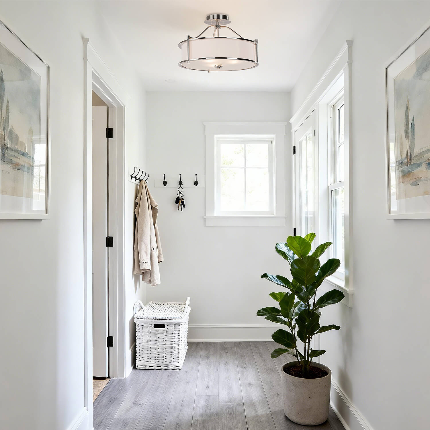 Brushed nickel drum light showing compact fit for low ceilings