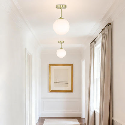 Modern Globe Ceiling Light Fixture, White Glass Shade, Satin Brass Semi Flush Mount XB-SF1211-SB