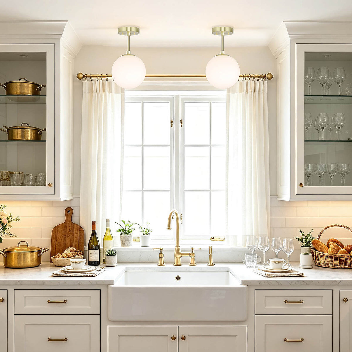 Modern Globe Ceiling Light Fixture, White Glass Shade, Satin Brass Semi Flush Mount XB-SF1211-SB