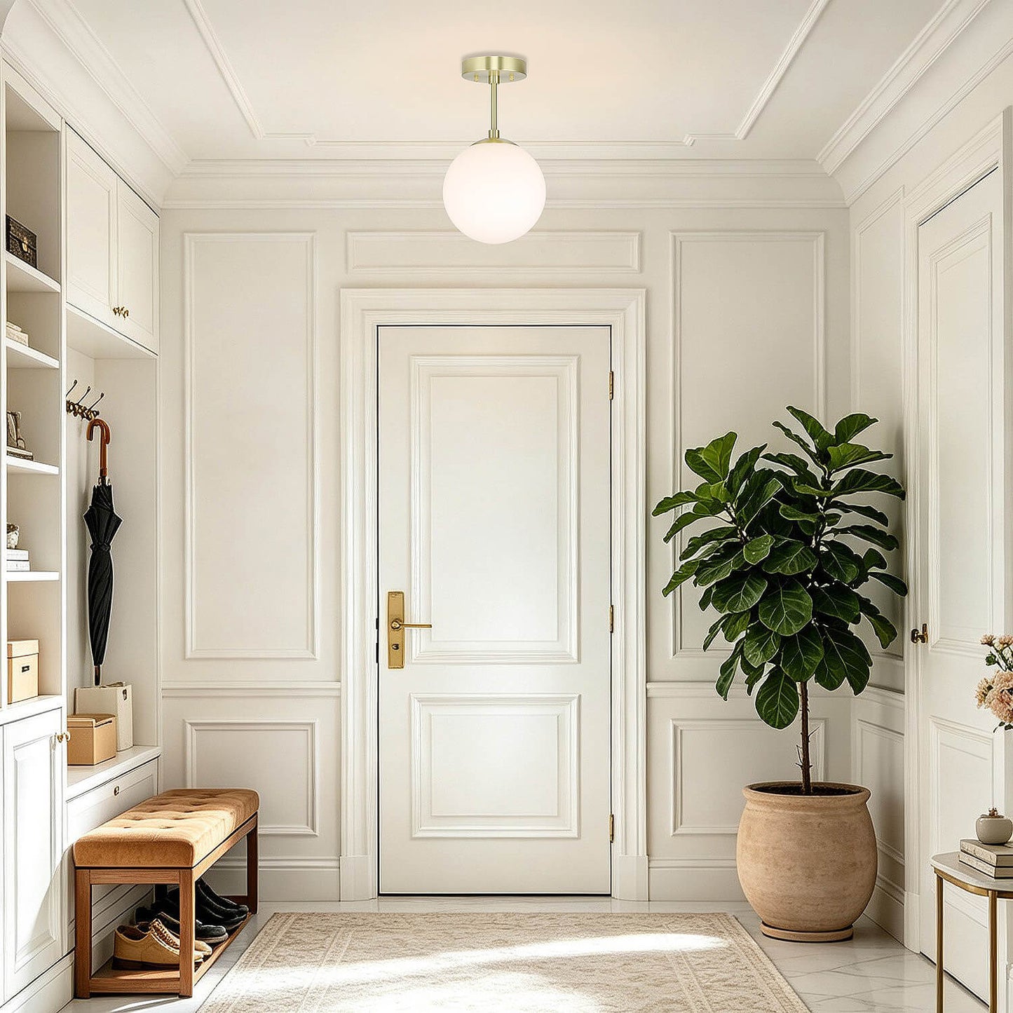 Modern Globe Ceiling Light Fixture, White Glass Shade, Satin Brass Semi Flush Mount XB-SF1211-SB