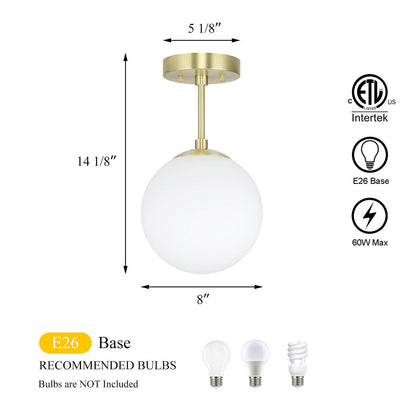 Modern Globe Ceiling Light Fixture, White Glass Shade, Satin Brass Semi Flush Mount XB-SF1211-SB