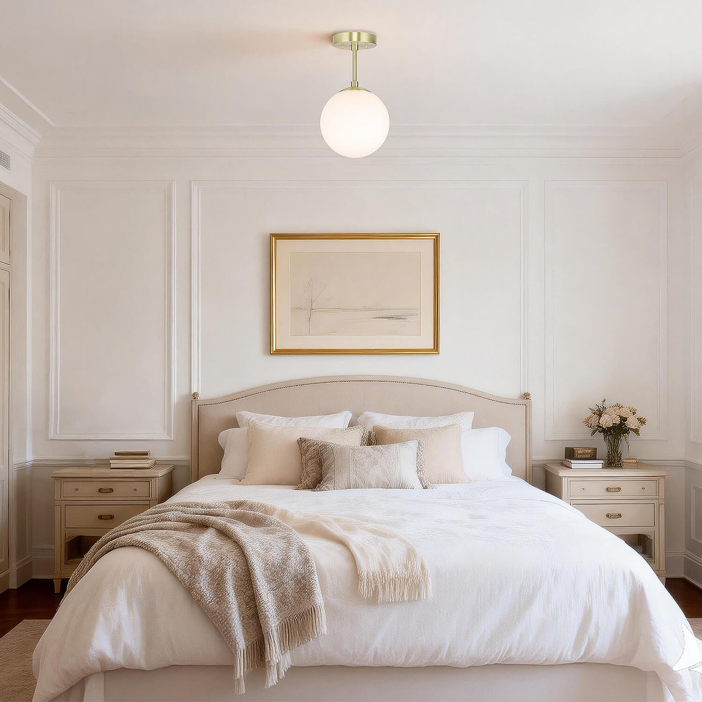 Modern Globe Ceiling Light Fixture, White Glass Shade, Satin Brass Semi Flush Mount XB-SF1211-SB