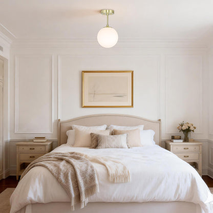 Modern Globe Ceiling Light Fixture, White Glass Shade, Satin Brass Semi Flush Mount XB-SF1211-SB
