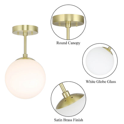 Modern Globe Ceiling Light Fixture, White Glass Shade, Satin Brass Semi Flush Mount XB-SF1211-SB