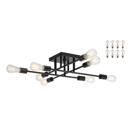 Sputnik Chandelier, 8-Light Semi Flush Mount Ceiling Light, Black with LED Bulbs XB-SF1242-8-MBK-LED