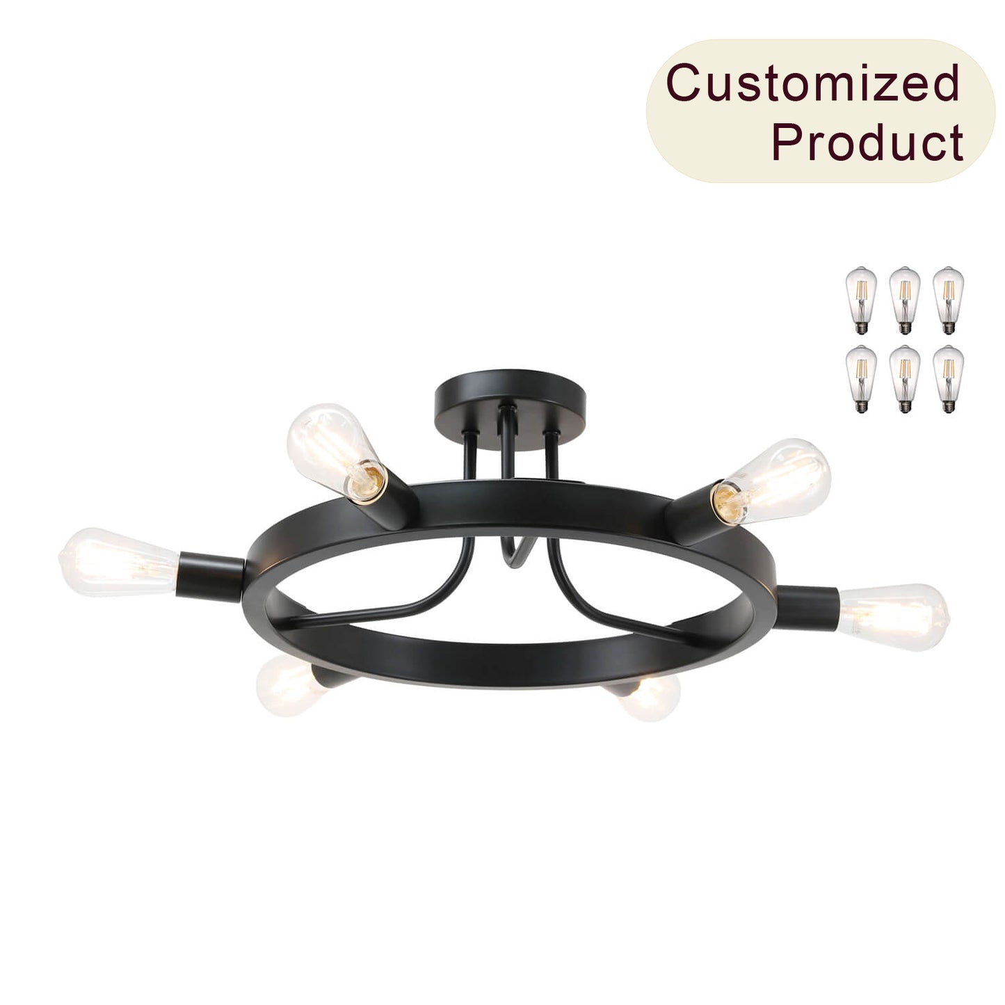 Semi Flush Mount Ceiling Light, 6-Light Ring Chandelier, Matte Black, Bulbs Included XB-SF1243-6-MBK-LED