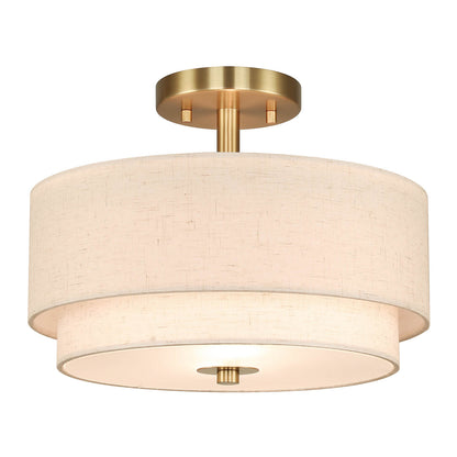 13'' Brass Drum Ceiling Light with 2 Tier Linen Shade for Dining Room XB-SF1289-13BS