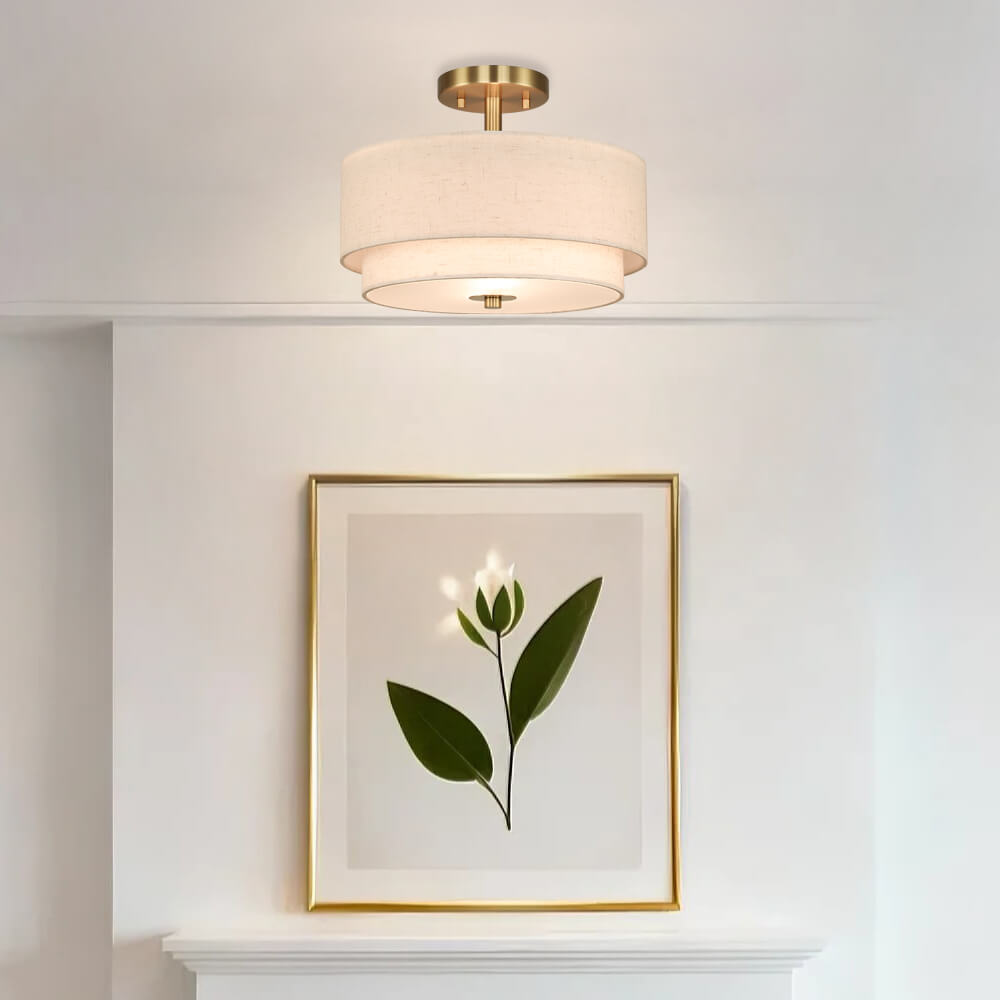 13'' Brass Drum Ceiling Light with 2 Tier Linen Shade for Dining Room XB-SF1289-13BS
