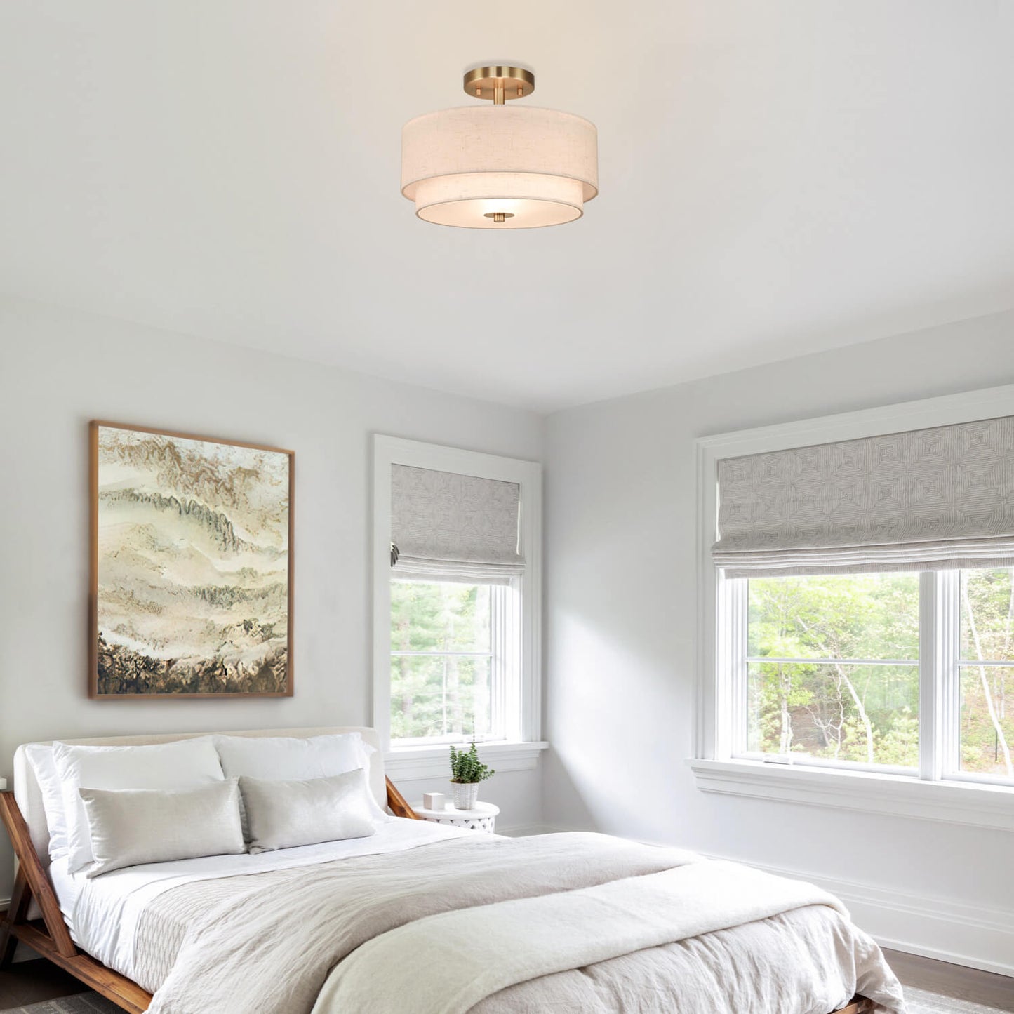 13'' Brass Drum Ceiling Light with 2 Tier Linen Shade for Dining Room XB-SF1289-13BS