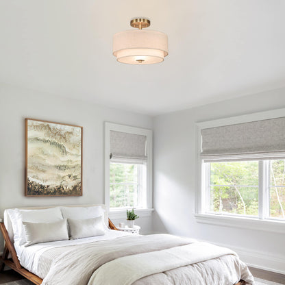 13'' Brass Drum Ceiling Light with 2 Tier Linen Shade for Dining Room XB-SF1289-13BS