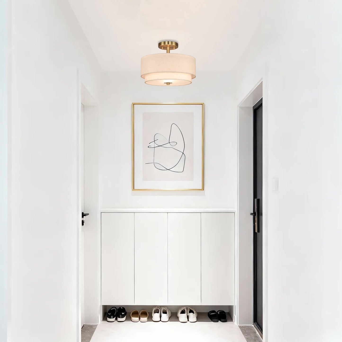 13'' Brass Drum Ceiling Light with 2 Tier Linen Shade for Dining Room XB-SF1289-13BS