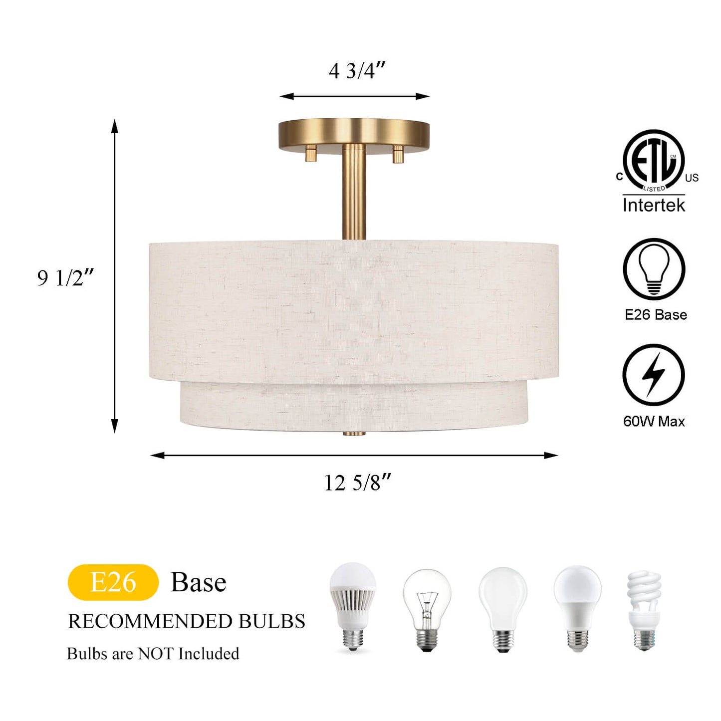 13'' Brass Drum Ceiling Light with 2 Tier Linen Shade for Dining Room XB-SF1289-13BS