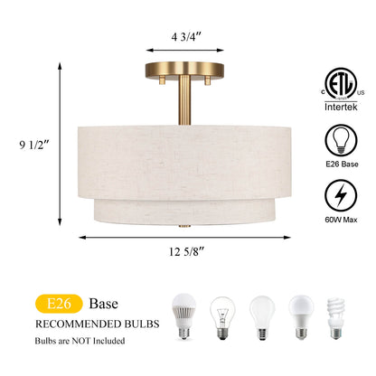 13'' Brass Drum Ceiling Light with 2 Tier Linen Shade for Dining Room XB-SF1289-13BS