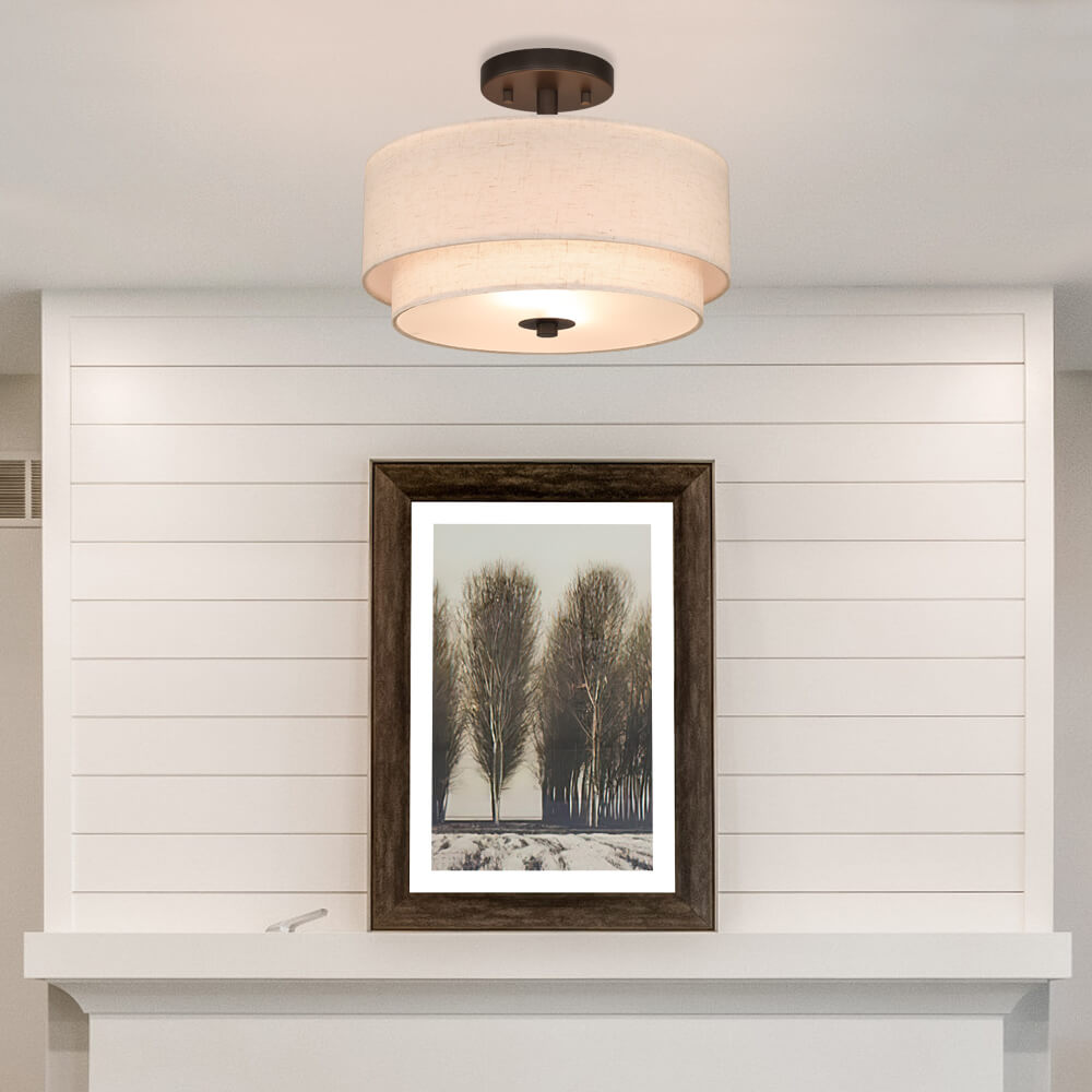 13" Semi Flush Light, Farmhouse 2 Light Close to Ceiling Fixture with Linen Fabric Shade XB-SF1289-13DB