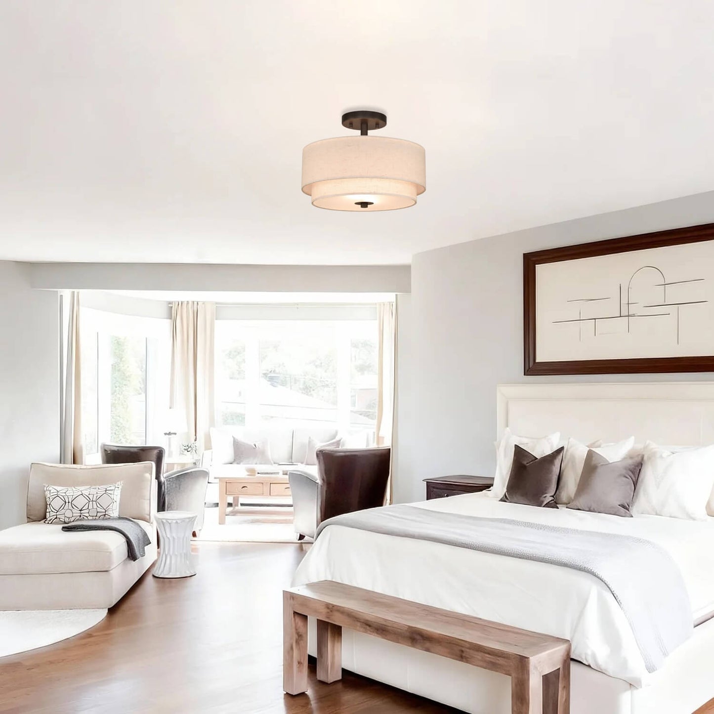 13" Semi Flush Light, Farmhouse 2 Light Close to Ceiling Fixture with Linen Fabric Shade XB-SF1289-13DB