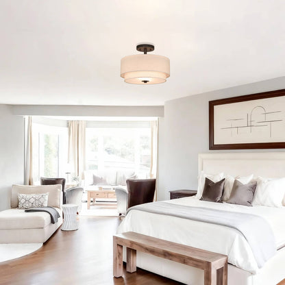 13" Semi Flush Light, Farmhouse 2 Light Close to Ceiling Fixture with Linen Fabric Shade XB-SF1289-13DB