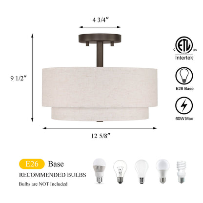 13" Semi Flush Light, Farmhouse 2 Light Close to Ceiling Fixture with Linen Fabric Shade XB-SF1289-13DB