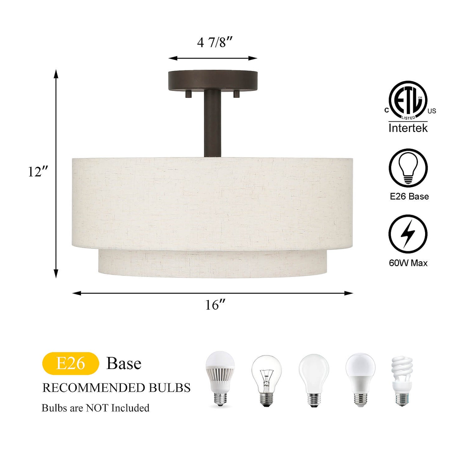 16 inch Dark Bronze Drum Semi Flush Mount Ceiling Light for Bedroom & Living Room XB-SF1289-DB