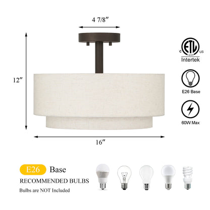 16 inch Dark Bronze Drum Semi Flush Mount Ceiling Light for Bedroom & Living Room XB-SF1289-DB